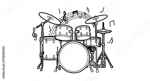 Illustration of a drum set with musical notes, perfect for musicthemed designs