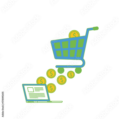 Flat vector illustration of a shopping cart with dollar signs flowing from a laptop, representing e-commerce business with a simple, minimal design and 3-color palette.