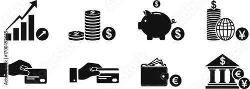 Financial icons collection representing banking investments and global commerce opportunities silhouette