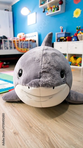 A large, friendly gray plush shark toy rests on light-colored wooden flooring in a child's room.
