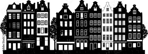 Laser cutting Amsterdam style houses. Silhouette of a row of typical dutch canal view at Netherlands. Stylized facades of old buildings. Wood carving vector template. Background for banner, card.