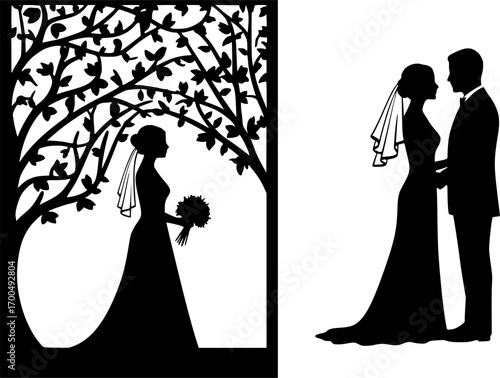 Laser cut template of wedding invitation, bride and groom in the heart frame. Openwork silhouette vector card. Couple in love in lace decor panel. Faces in profile at Valentine's day. Pattern cut out