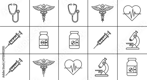 Set of medical icons in line art style, representing healthcare