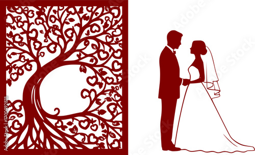 Laser cut template of wedding invitation, bride and groom in the heart frame. Openwork silhouette vector card. Couple in love in lace decor panel. Faces in profile at Valentine's day. Pattern cut out