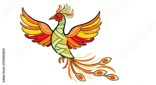 A vibrant phoenix bird with colorful feathers, symbolizing rebirth and renewal