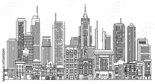 Detailed city skyline with skyscrapers and buildings urban landscape illustration