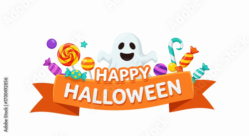 A cheerful ghost floats above a festive Halloween banner adorned with lollipops, candy, and the words "Happy Halloween," creating a joyful and sweet autumnal scene.