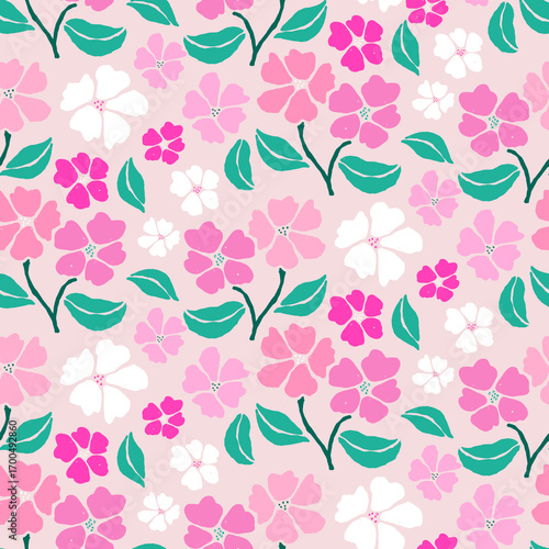 Seamless floral pattern with pink and white flowers and green leaves on pastel background