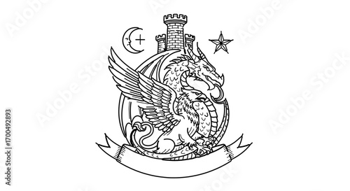 Majestic griffin crest outline, featuring mythical creature and heraldic elements