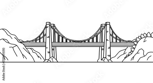 Line art illustration of a bridge, a structure spanning a valley with mountains