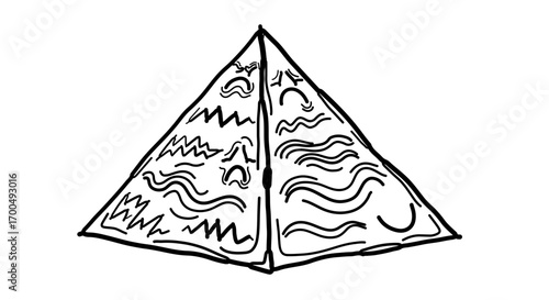 Hand drawn pyramid with abstract pattern, a simple black and white drawing