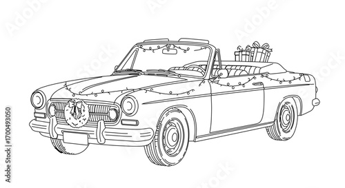Vintage convertible car decorated for christmas, featuring festive lights and gift boxes