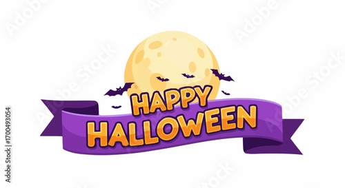 A purple ribbon banner proclaims "Happy Halloween" against a backdrop of a full moon and playful bats.
