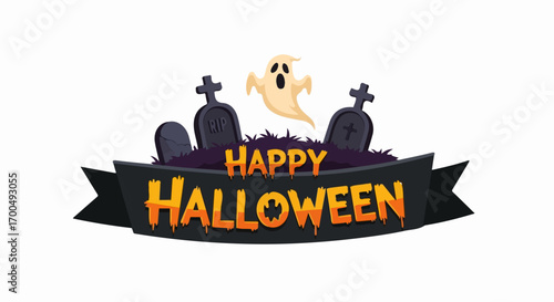 A friendly ghost floats above gravestones in a graveyard, a black banner proclaims "Happy Halloween" in dripping orange letters.