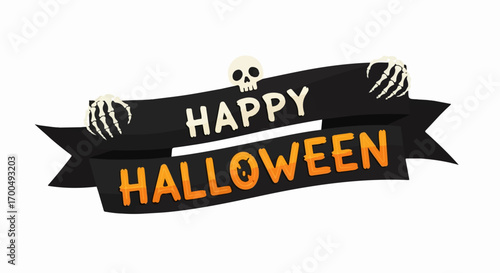 A spooky Halloween banner with skeleton hands and skull playfully proclaims "Happy Halloween" against a stark white background.