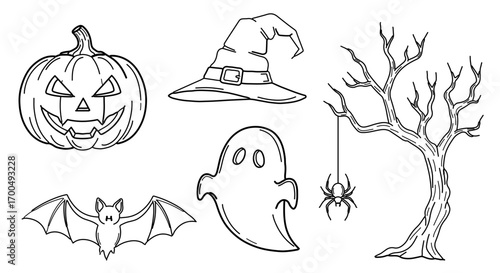 Hand drawn illustration of halloween elements, including pumpkin, hat, ghost, and bat
