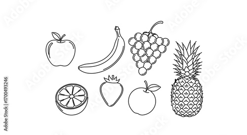 Hand drawn illustration of different fruits, including apple, banana, and pineapple