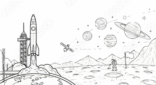 Detailed line art illustration of a rocket launch on the moon with planets and astronaut