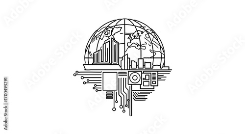 Illustration of a globe with city skyline and circuit board, representing technology and globalization