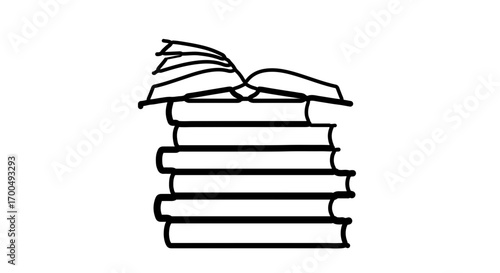 Stack of books with an open book on top simple black and white drawing