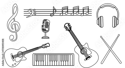 Musical instruments and equipment in line art style for design assets and coloring book