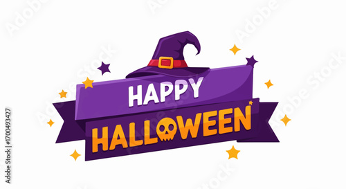 A witch's hat rests atop a vibrant purple Halloween banner, proclaiming "Happy Halloween" with cheerful stars surrounding it.