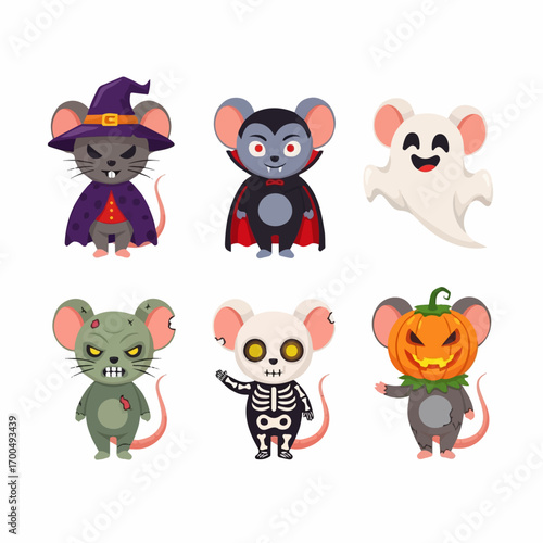 Six adorable mice in playful Halloween costumes, against a white background, evoke a fun and festive mood.
