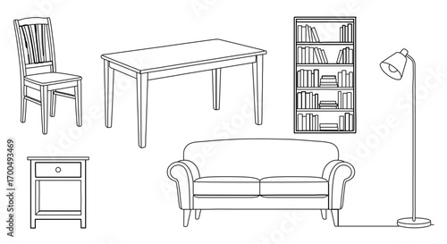 Interior sketch with sofa, table, chair, bookcase, nightstand and floor lamp