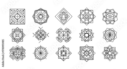 Geometric mandala pattern set for coloring book, intricate and symmetrical