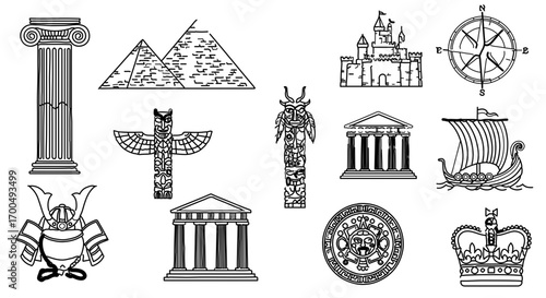 Collection of historical and cultural symbols, showcasing diverse heritage