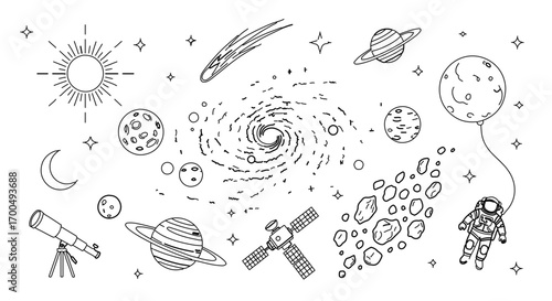 Hand drawn space elements, including sun, moon, planets, and astronaut