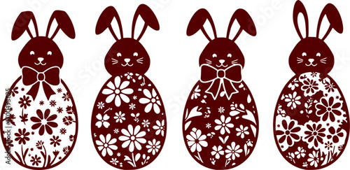 Set of Happy Easter eggs with bow, line, ears and paws of rabbit. Laser cutting template. Vector sample elements. Silhouette illustration for cut isolated on green spring background.