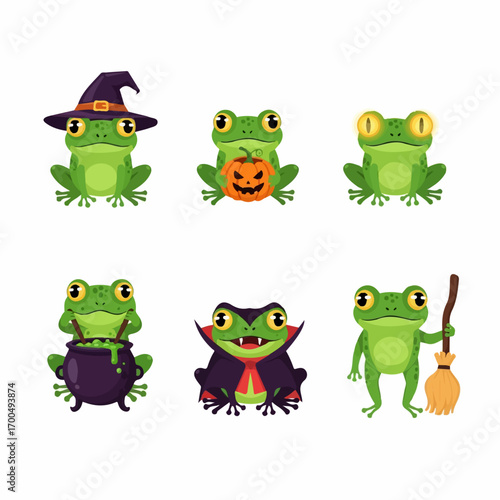 Six adorable green frogs in various Halloween costumes, including witch, vampire, and pumpkin-carver, create a whimsical, festive scene.