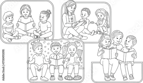 Happy kids reading books and playing together, diverse children learning, storytelling moments, friendship, education, childhood joy, fun activities, group playtime, smiling faces