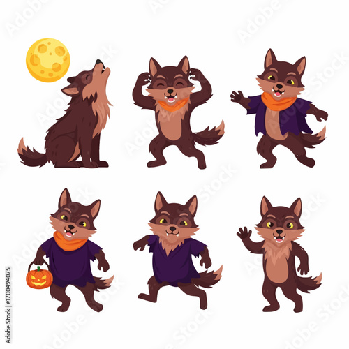 Playful werewolf cartoon characters howl under a full moon, showcasing various Halloween poses and expressions.