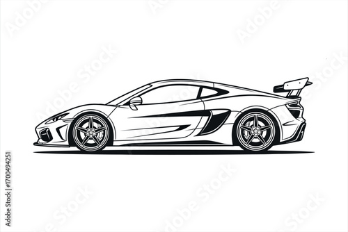 Black and white line art of a sleek modern sports car with a large rear spoiler automobile vehicle