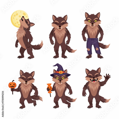 Playful werewolf characters howl, grin, and wave against a white background, embodying Halloween fun and spooky charm.