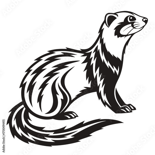 Stylized black and white ferret illustration with tribal markings