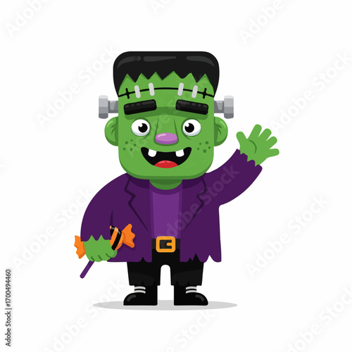 A cheerful Frankenstein's monster child waves hello while holding a Halloween candy, against a white background.