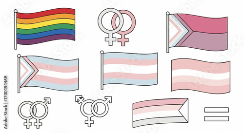 Collection of lgbtq pride flags and gender symbols, representing diversity and inclusion