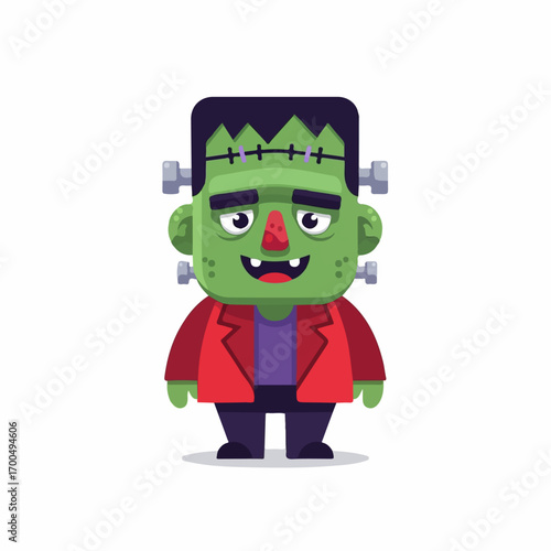 A cheerful Frankenstein's monster cartoon character stands against a white background, conveying a playful Halloween mood.
