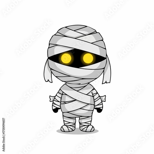 A cute cartoon mummy stands against a white background, its glowing eyes hinting at a playful Halloween spirit.