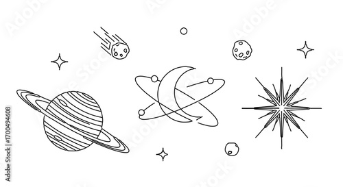 Space elements, including planets, stars, and celestial objects in a cosmic scene