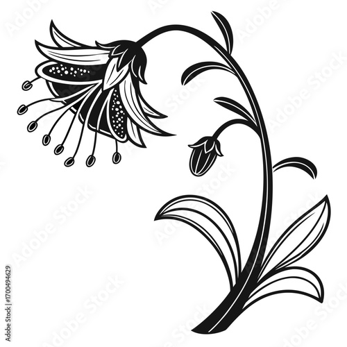 Stylized black and white bell flower with buds and leaves