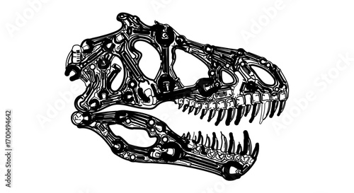 Detailed line art illustration of a tyrannosaurus rex skull, showcasing intricate details