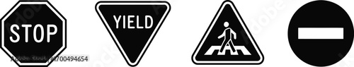 Collection of road signs including stop yield and pedestrian crossing symbols silhouette