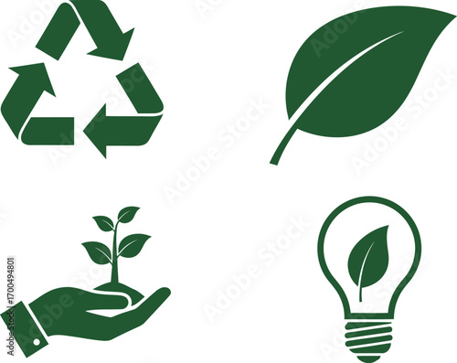 Green recycling leaf light bulb hand icons representing environmental sustainability and ecology concepts silhouette