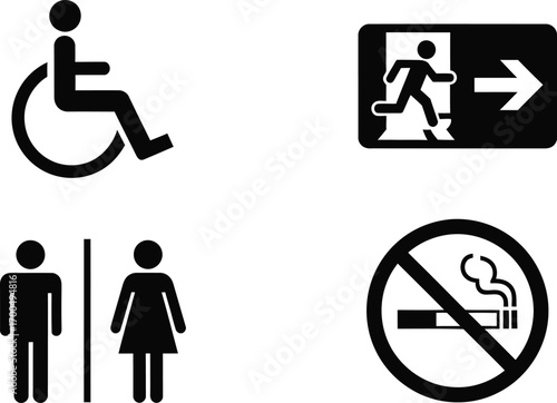 Emergency exit and no smoking sign icons for safety and compliance in public spaces silhouette