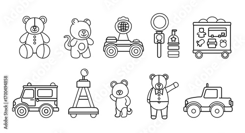 Collection of cute outline toys and vehicles, including teddy bears, cars, and a train