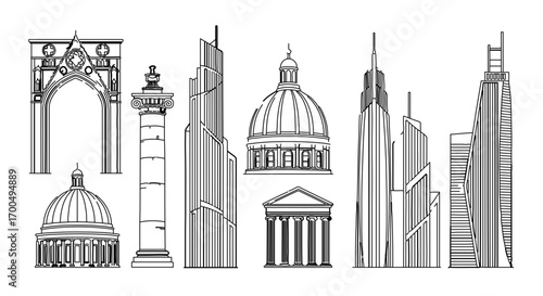Architectural landmarks of chicago, showcasing the citys iconic skyline in line art